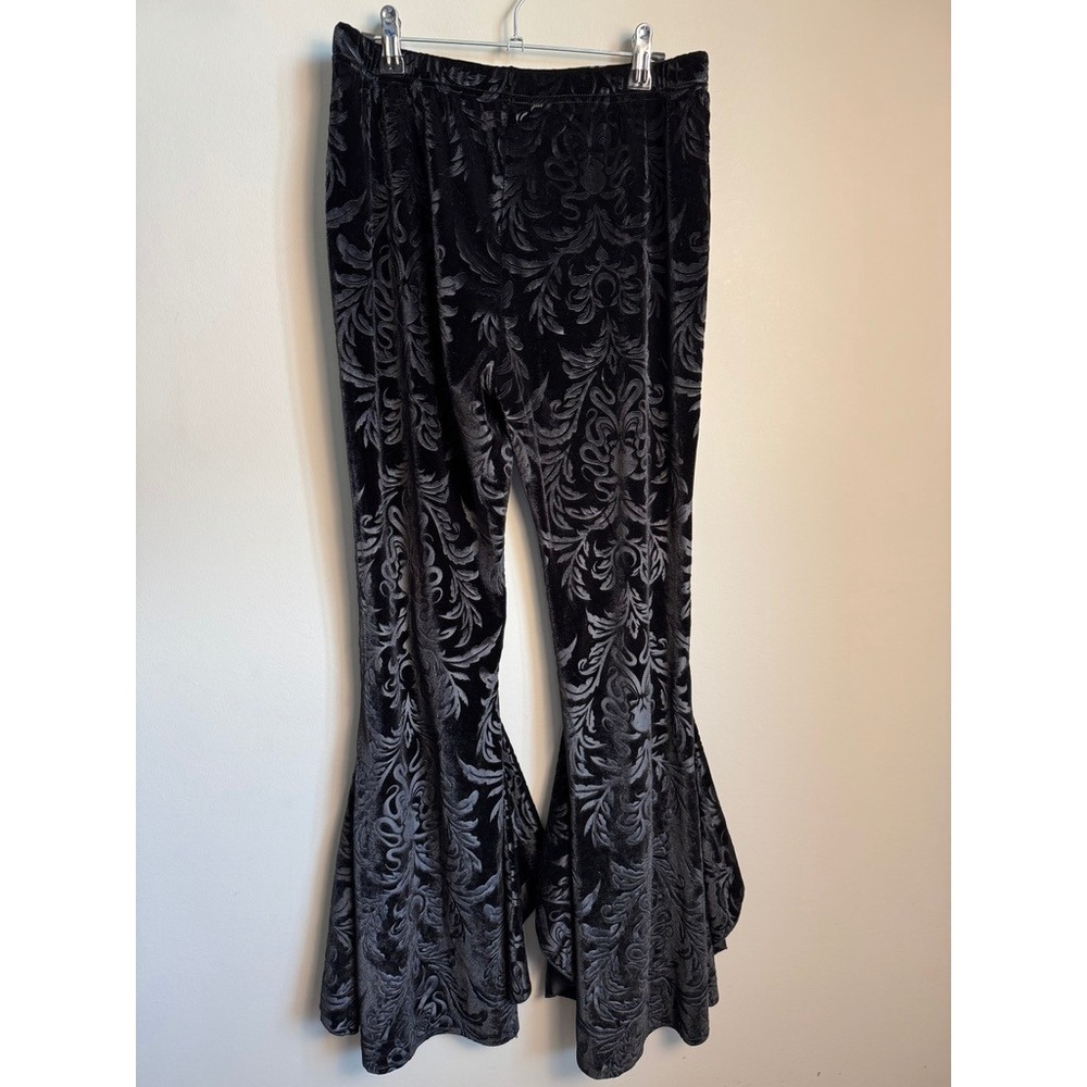 Womens Black Velvet Burnout Bell Bottom Pants L Boho Gothic Flare Whimsigoth